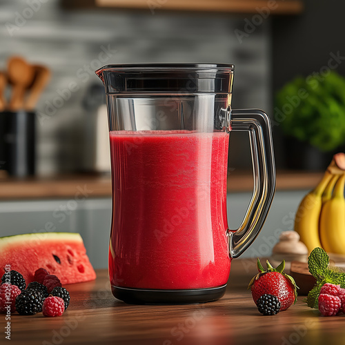 Obraz na płótnie Close-up of a vibrant red smoothie in a sleek, modern kitchen. w salonie