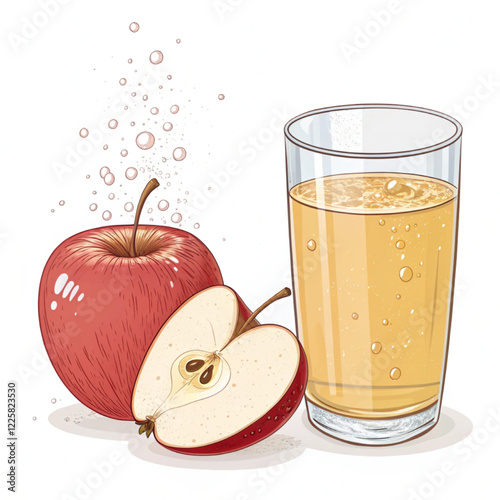 Slice of red apple and glass of apple juice isolated on a white background. Vector illustration.