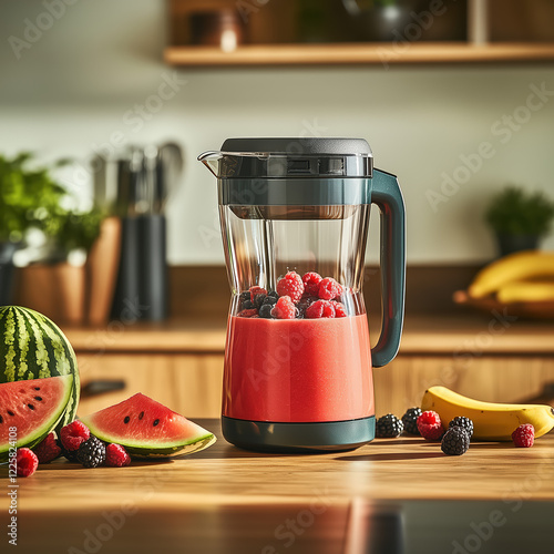 Obraz na płótnie Close-up of a vibrant red smoothie in a sleek, modern kitchen. w salonie