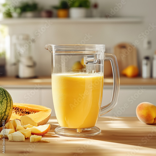Close-up of a vibrant yellow smoothie in a sleek, modern kitchen.