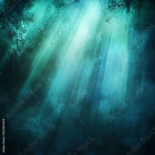 Defocused grainy cyan, blue, acid green, teal gradient. Blurred rays background 8K 16:9, copy space. Diagonal beams of light. Abstract aurora borealis northern lights sky. Mystic shine in magic forest photo