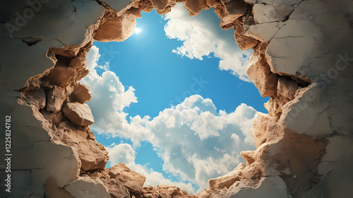 A hole in the wall: sky, clouds, and the promise of a brighter tomorrow. Eternal Sky. Illustration photo