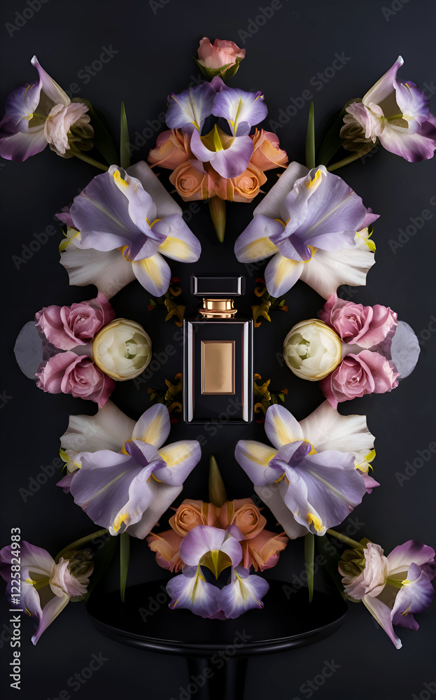 beautiful dark style fine art with fragrance bottle and flowers at black background. flat lay. Ai generated.