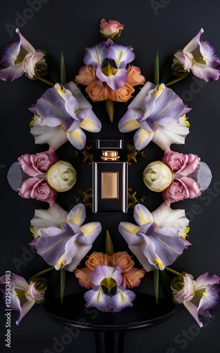 Obraz na płótnie beautiful dark style fine art with fragrance bottle and flowers at black background. flat lay. Ai generated. w salonie