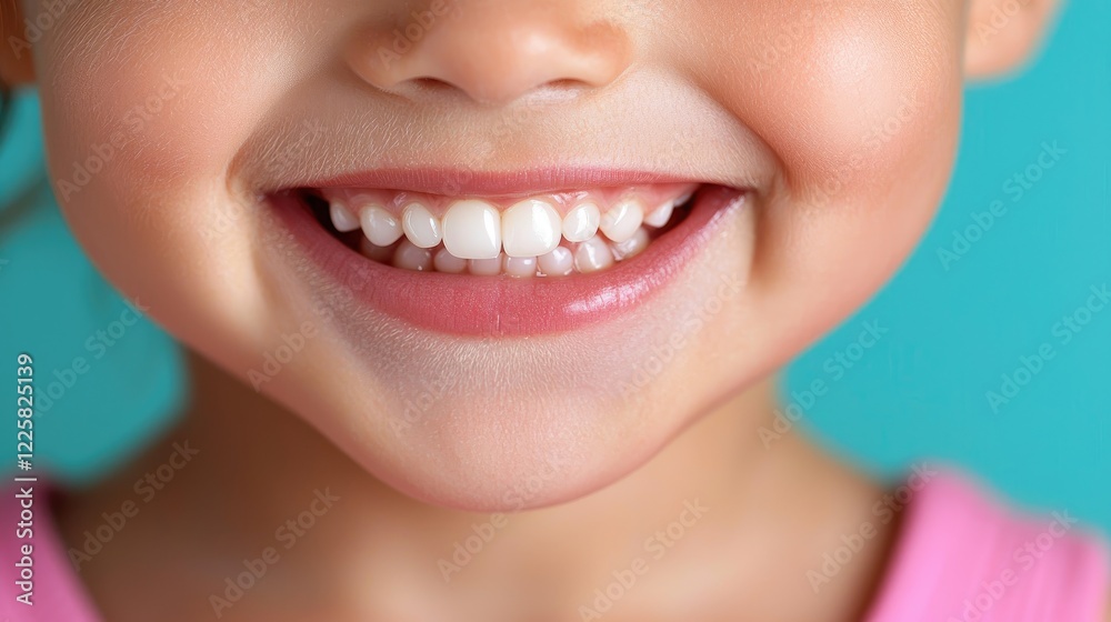 Fototapeta premium Child's bright smile, teal background, healthy teeth, dental care