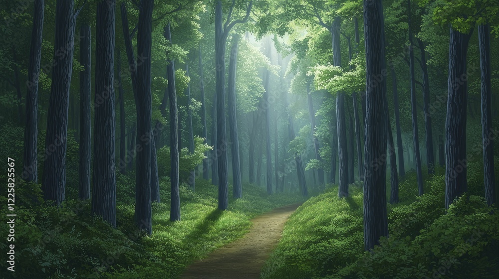 Obraz premium Artistic natural elements misty forest path bathed in gentle sunlight weaving through vibrant foliage encouraging adventure and harmony with surroundings.