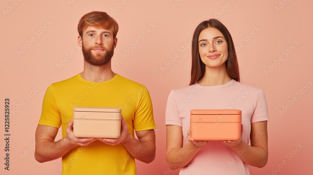 Two People in Yellow and Pink Holding Lunchboxes Two People in Yellow and Pink Holding Lunchboxes