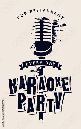 Vector poster for karaoke party in vintage style with studio microphone, splashes, drops and inscription. Suitable for advertising poster, music banner, flyer, invitation, ticket