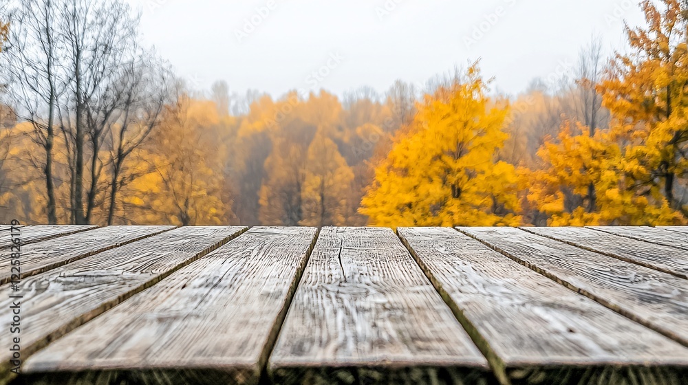 Autumn Landscape With Wooden Deck Overlooking Misty Forest Trees With Colorful Leaves. Autumn Landscape With Wooden Deck Overlooking Misty Forest Trees With Colorful Leaves.