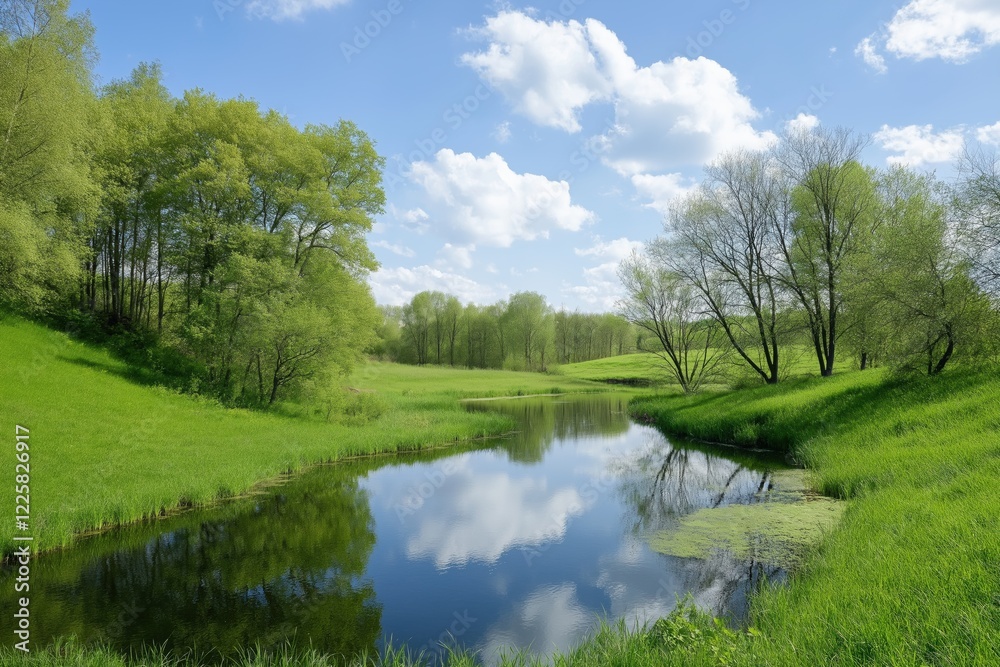 A peaceful scene of a river surrounded by trees and grass. The water is calm and the sky is clear, creating a serene atmosphere A peaceful scene of a river surrounded by trees and grass. The water is calm and the sky is clear, creating a serene atmosphere