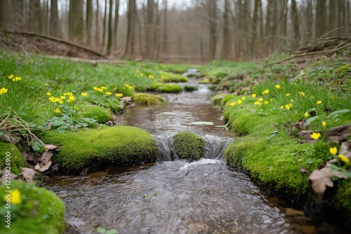 A stream with a lot of grass and flowers. The water is clear and the grass is green