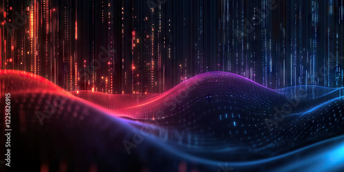 Digital background perfect for tech processes, neural networks, artificial intelligence, data transfer and encryption, digital archives, sound and graphic presentations, science, education, etc.