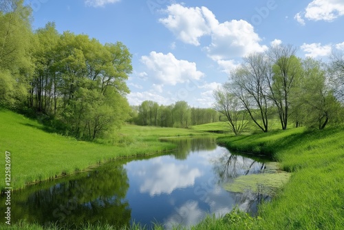 A peaceful scene of a river surrounded by trees and grass. The water is calm and the sky is clear, creating a serene atmosphere