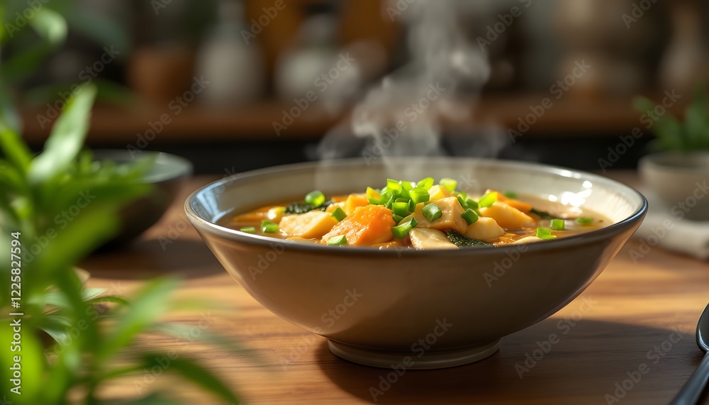Ultra-realistic photo of a bowl of hot soup (like miso or chicken soup) garnished with freshly chopped green onions (daun bawang). The soup should look steaming hot, with visible ingredient... Ultra-realistic photo of a bowl of hot soup (like miso or chicken soup) garnished with freshly chopped green onions (daun bawang). The soup should look steaming hot, with visible ingredient...