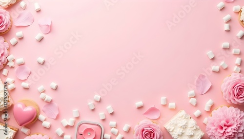 Flat lay Valentine's Day background with white and pink roses, cupcakes, and scattered marshmallows., Romantic Background 