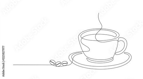 Continuous single line drawing of a cup of hot coffee with copy space. Coffee bean vector illustration. Coffee logo. 