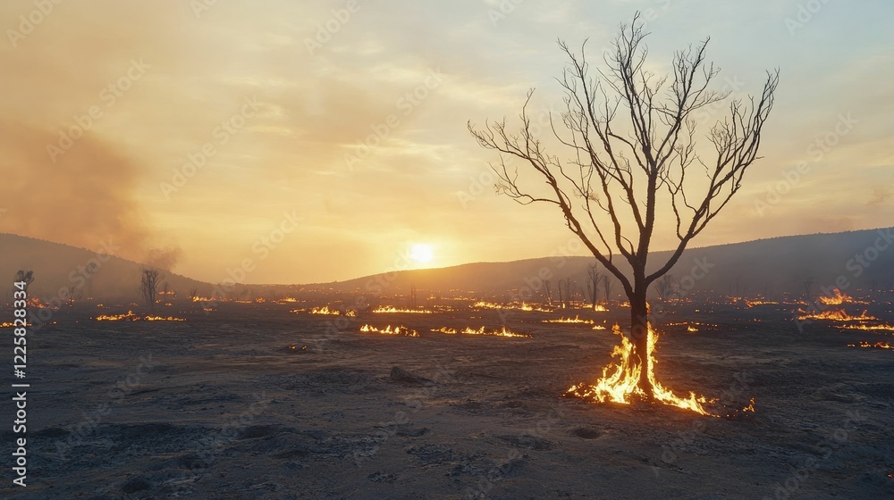 Fototapeta premium Destructive wildfire aftermath revealing charred trees and ashen landscapes, evoking feelings of loss and regeneration in nature's cycle.
