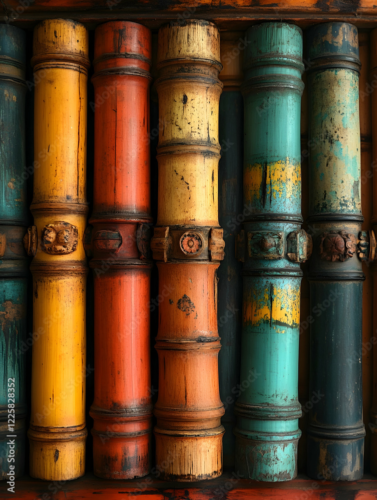 Colorful antique books, aged spines, wooden shelf, library background, historical texture Colorful antique books, aged spines, wooden shelf, library background, historical texture