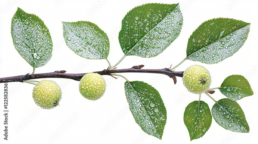 Branch With Green Fruit And Leaves Adorned By Water Drops On A White Background. Branch With Green Fruit And Leaves Adorned By Water Drops On A White Background.