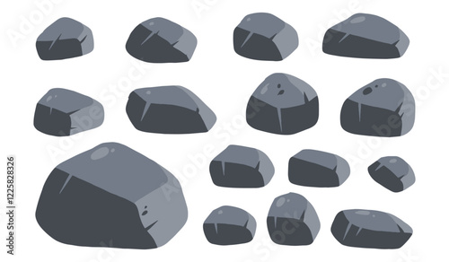 Stone boulder. Granite debris and grey cobble. Pile of rubble rock block. Heap of broken gravel. Big mountain geology material. Natural solid cracked mineral