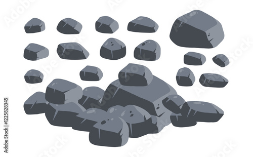 Stone boulder. Granite debris and grey cobble. Pile of rubble rock block. Natural solid cracked mineral. Big mountain geology material. Heap of broken gravel