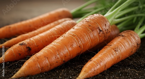 Ultra-realistic close-up photo of fresh carrots with soil still clinging to their surface, showcasing their vibrant orange color and natural texture. The carrots should have slight imperfec... photo