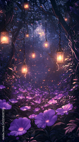 wallpaper frame, where glowing lanterns and delicate branches frame a meadow of softly lit purple flowers. Golden fireflies drift through the air, casting warmth over the serene, starlit forest.