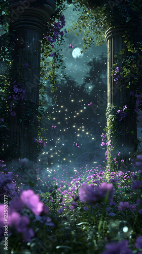 A magical wallpaper frame featuring fireflies drift through the air like tiny stars, their golden light illuminating the tranquil scene beneath a deep blue-violet night sky.