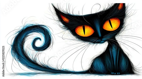  Black cat with orange eyes and whiskers, sitting before a white backdrop photo
