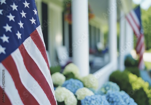Close-up of an American flag with hydrangeas and a white trellis in the background, with the focus on the flag Generative AI