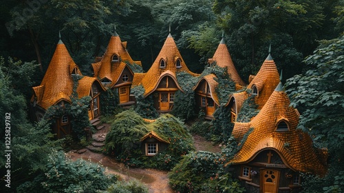 Cluster of fairy-tale inspired cottages with steep roofs covered in ivy, surrounded by dense forest, magical woodland setting, whimsical architecture, serene nature retreat, rustic charm

 photo