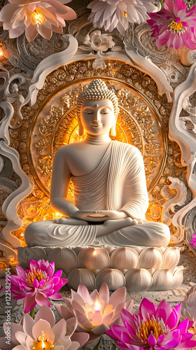 A beautifully immersive scene featuring a golden Buddha statue surrounded by vibrant lotus flowers in shades of pink, purple, and white
