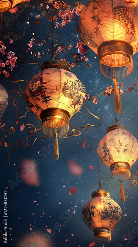 a wallpaper frame capturing the essence of the Lantern Festival, with glowing paper lanterns adorned with dragon motifs