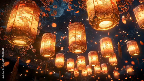 A serene design where paper lanterns adorned with dragon motifs and floral patterns hover against a dark night sky. 