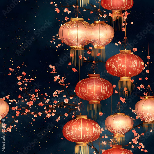seamless wallpaper design captures the essence of the Lantern Festival, with lanterns in soft amber and crimson hues surrounded by cherry blossoms