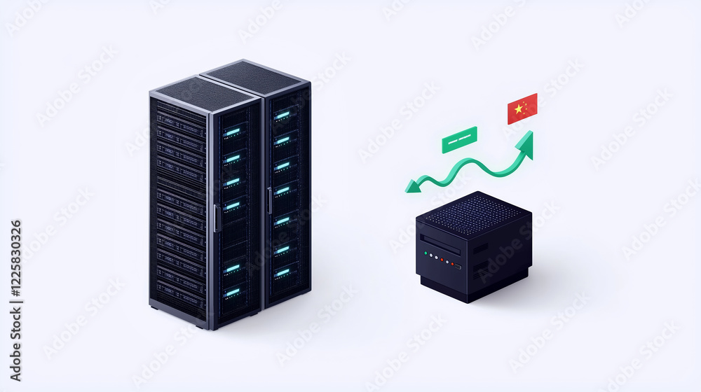 A digital illustration showcases a data server and a compact processing unit with an upward data flow arrow, a Chinese flag, and a business analytics symbol, representing China's technological A digital illustration showcases a data server and a compact processing unit with an upward data flow arrow, a Chinese flag, and a business analytics symbol, representing China's technological