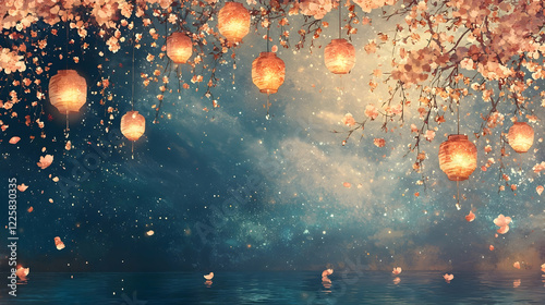 soft amber and crimson lanterns floating gently, surrounded by falling cherry blossoms