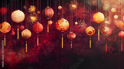 A minimalist design with evenly spaced red lanterns featuring floral and geometric patterns