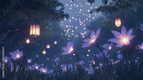A beautiful meadow stretches with oversized purple flowers, each softly glowing in the dark. Fireflies hover around, emitting a warm golden light.