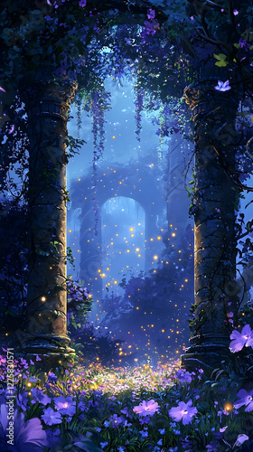 wallpaper with ancient stone pillars covered in moss and ivy, framing a meadow where fireflies gently flit across oversized purple flowers. 