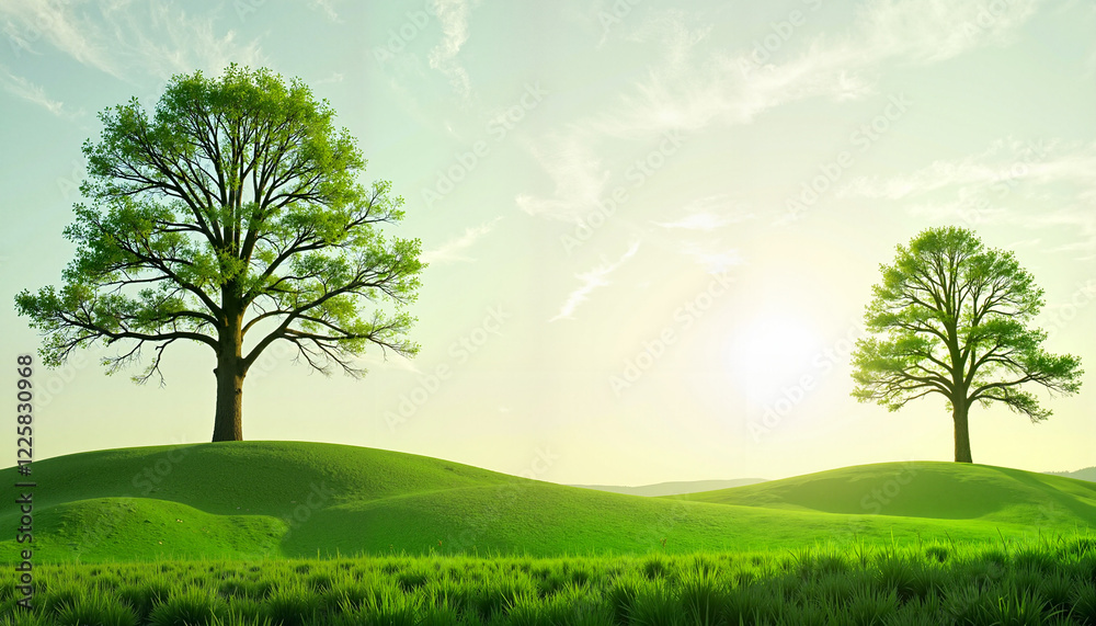 Fototapeta premium Two trees on rolling green hills under bright sunlight