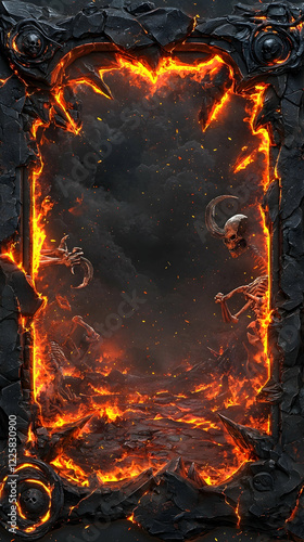 RPG-themed wallpaper frame with dark obsidian borders cracked by glowing lava veins. Skeletal warriors clutch ancient weapons while jagged mountain peaks guard the corners