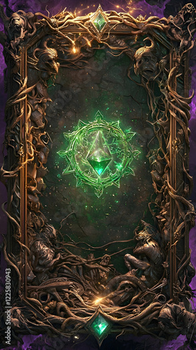 A captivating 3D-style wallpaper frame featuring intertwined roots and vines adorned with glowing emerald crystals. 