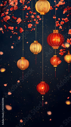 A mesmerizing wallpaper depicting the Lantern Festival, where intricately designed red, gold, and orange lanterns radiate warmth and light