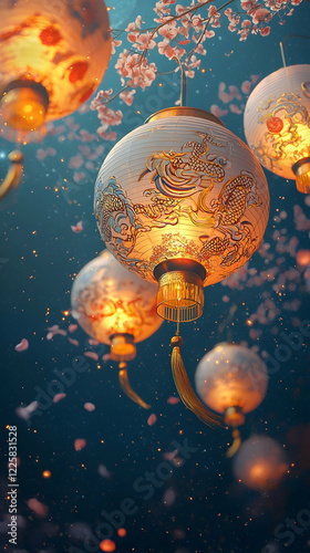  Lantern Festival Frame with Dragon Lanterns and Starry Night Sky