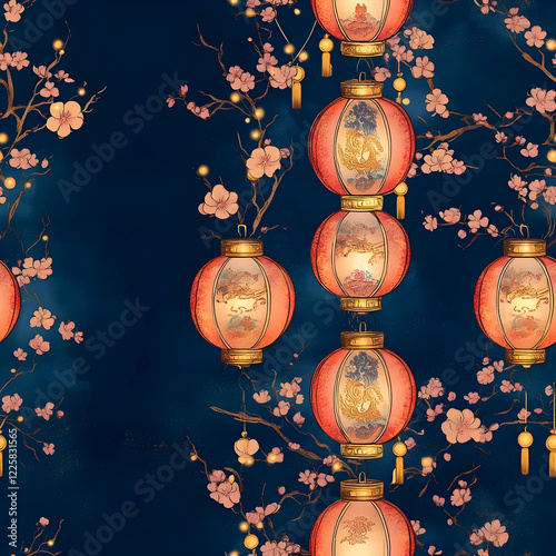 Harmonious Lantern Festival Texture with Soft Glow, Cherry Blossoms, and Nightfall