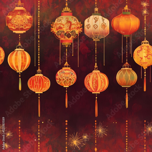 Traditional Lantern Festival Seamless Wallpaper with Floral, Dragon, and Firework Details