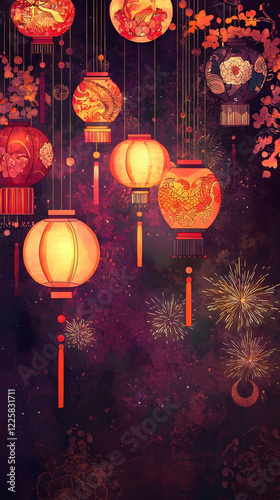 Traditional Lantern Festival Frame with a Celestial Glow and Fireworks