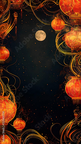 Celestial Lantern Festival Frame with Glowing Red and Gold Lanterns