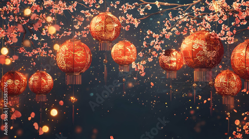 Enchanted Lantern Festival Frame with Cherry Blossoms and Fairy Lights